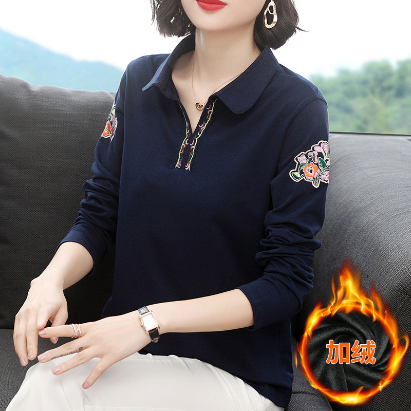 2023秋装刺绣民族风妈妈中长款宽松棉长袖t恤上衣打底衫长袖棉T恤