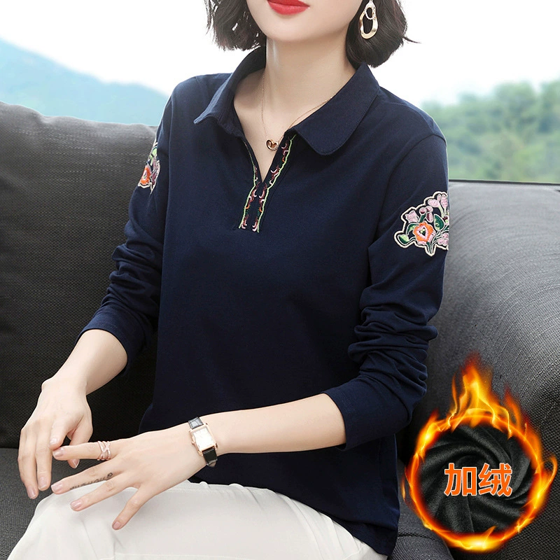 2023 Новая Осенняя свободная хлопковая футболка средней длины с длинными рукавами и вышивкой в этническом стиле для мамы, женская верхняя Базовая рубашка