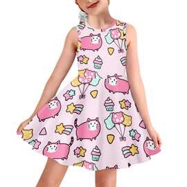亚马逊跨境女童洋气连衣裙可爱卡通小猫新款女孩公主裙网红礼服裙