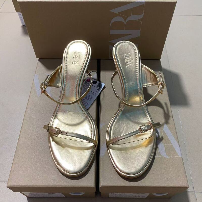 ZA 2025 Spring New Arrival One-Word Buckle Fashionable Metal Stiletto High Heels Gold Open Toe Elegant Sexual Shoes for Women