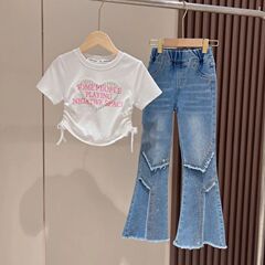 女の子スーツ夏重工釘珠愛半袖側引き夏ホットドリル毛髪エッジデザイン感ラッパズボン潮