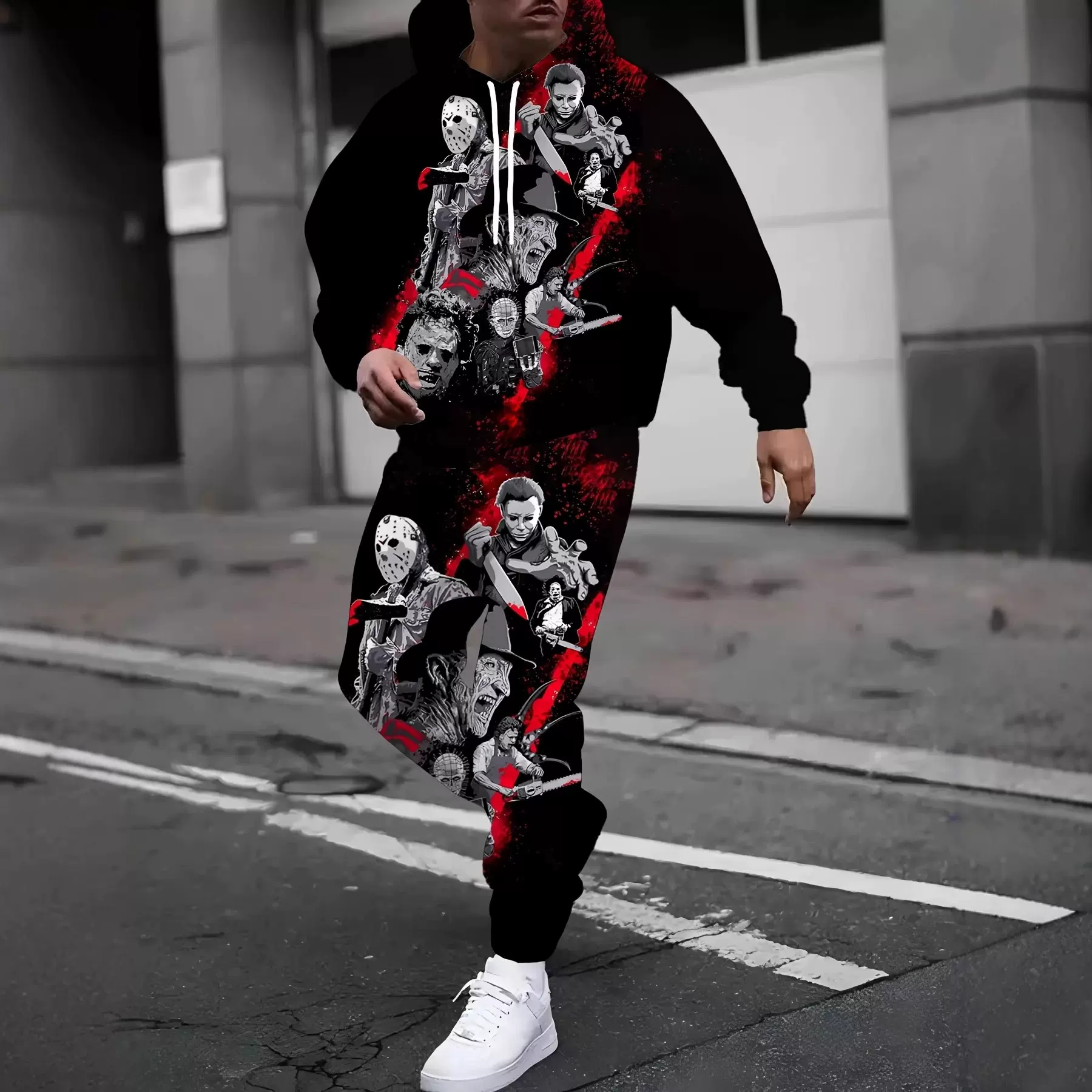 2025外贸跨境男士休闲时尚纯色3D印花卫衣长袖运动连帽3D男装套装