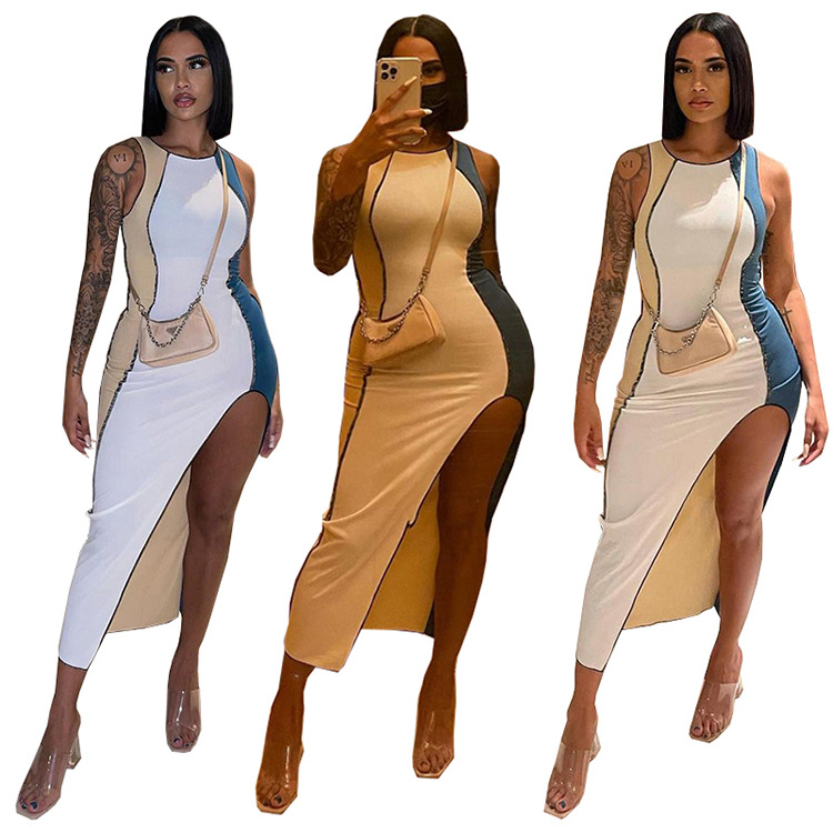 women s color matching sleeveless irregular dress nihaostyles clothing wholesale NSGLS72825