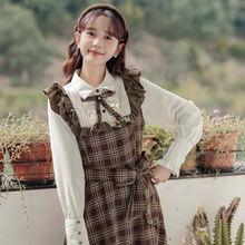 学院风法式文艺复古格纹拼接假两件套连衣裙女高级感气质收腰长裙