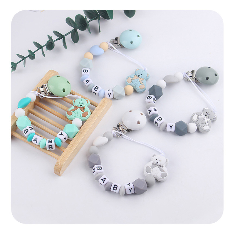 Nombre de bebé DIY calmar la cadena de tetas de caricatura bebé osos de silicona calmar la cadena de tetas de cadena anti-caída
