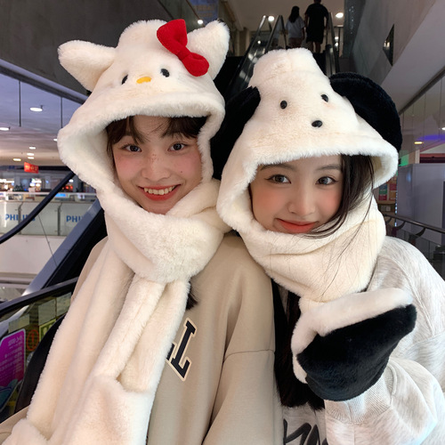 Spot is released in seconds! Cute cat plush hat for keeping ears warm in autumn and winter and matching hat and scarf wholesale in one piece