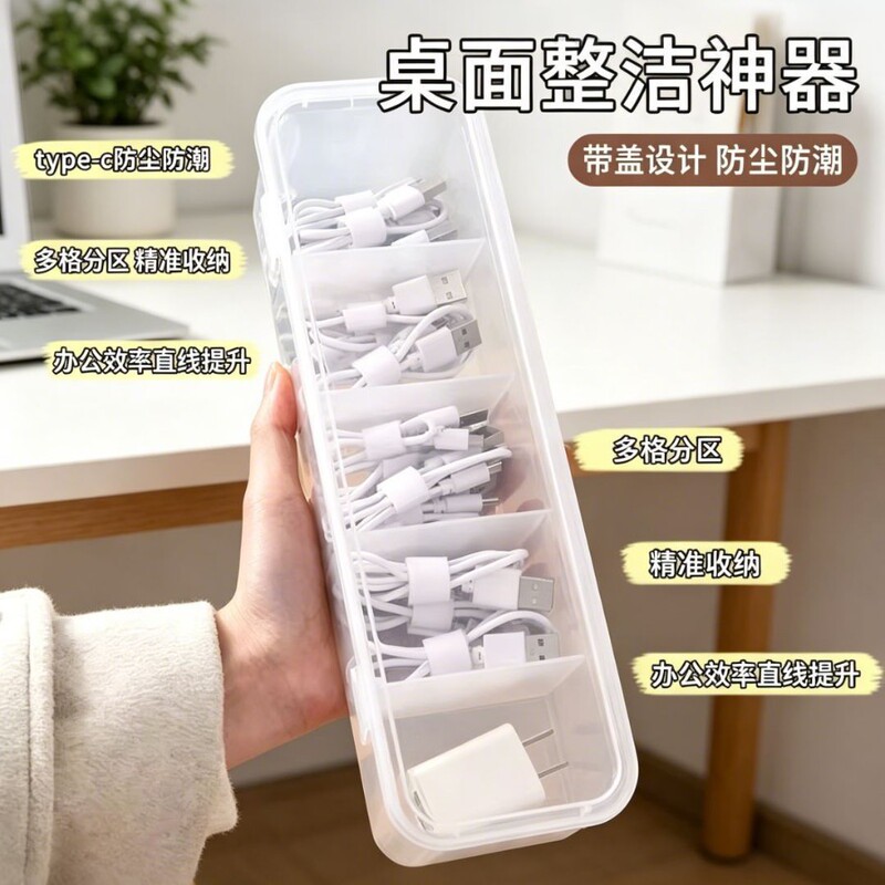 Desktop Data Cable Organizer Box with Compartments, Dust-Proof, Home Storage for Chargers and Power Cords, a Great Tool for Tidy Cable Management