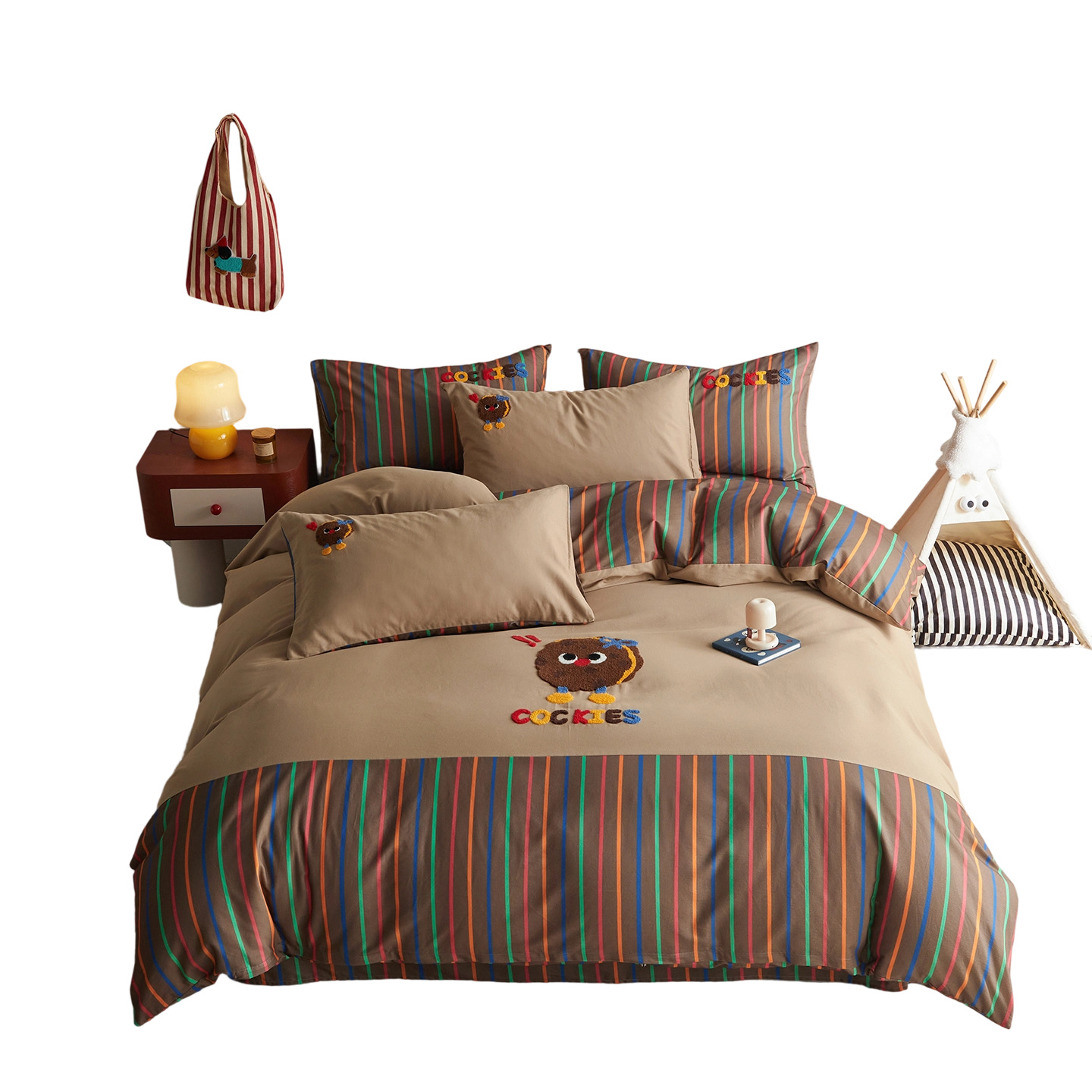 Cartoon Striped Plaid Brushed Cotton Four Piece Bedding Set_voghion.com