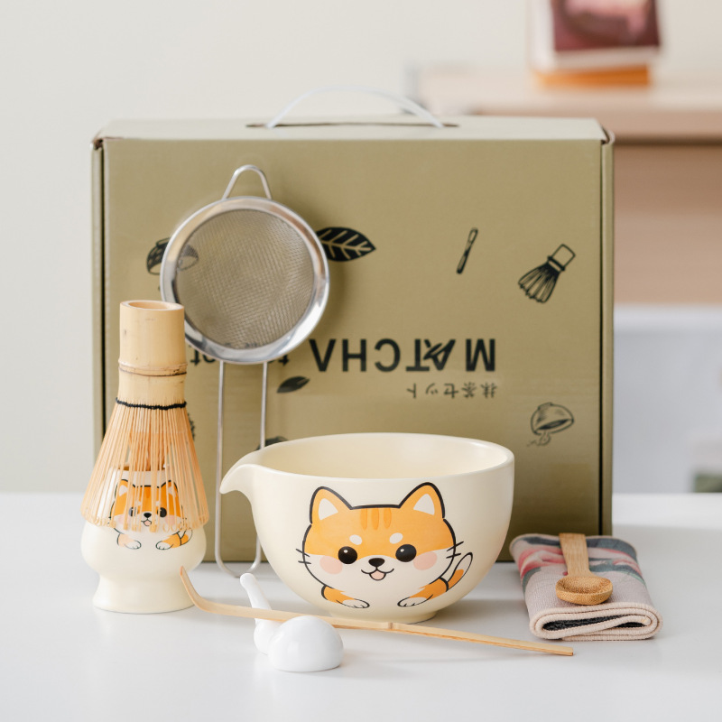 Creative Cute Pet-Themed Matcha Bowl, Japanese-Style Ceramic Tea Bowl, Handmade Matcha Tool, Matcha Brush, Tea Whisk Stand, Stirrer