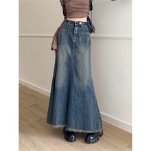 2024春季新款小众毛边鱼尾裙复古做旧半身牛仔A字裙女