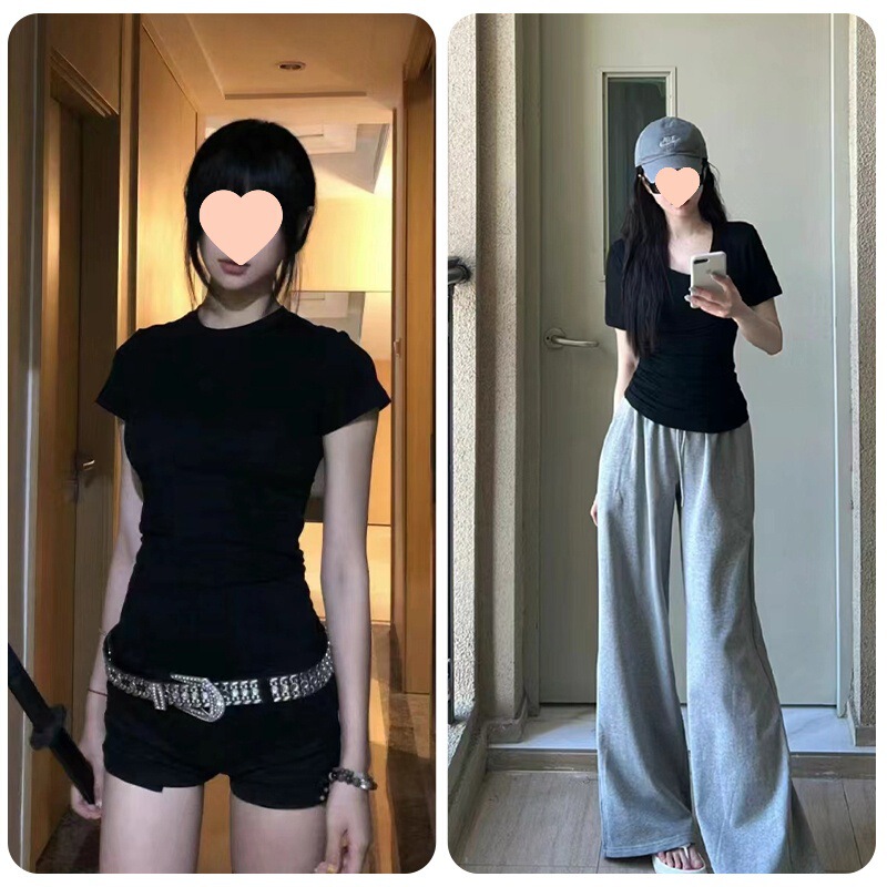 酒红色正肩女恤领短袖收腰短上衣掐腰黑色微胖修身显瘦辣妹夏季|undefined