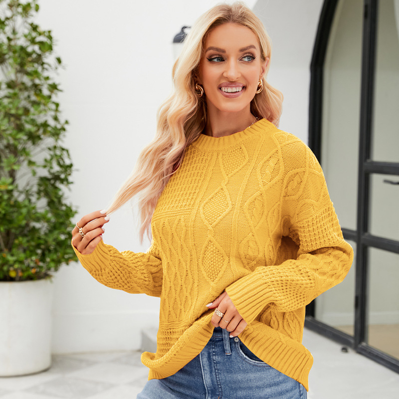 Amazon popular giro casual color sólido cuello redondo suéter perezoso estilo otoño e invierno nuevo suéter suelto