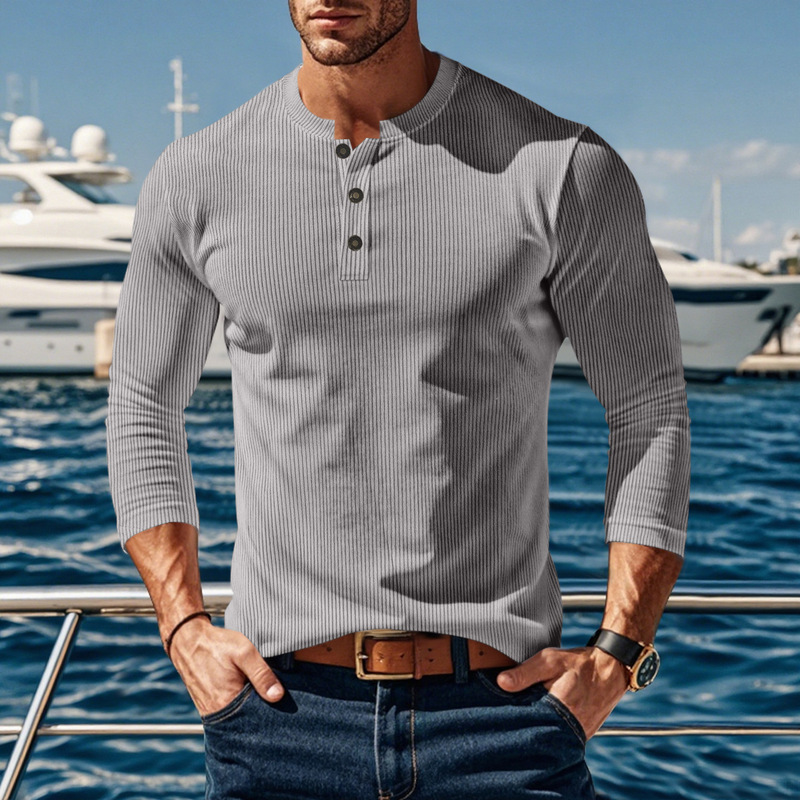 Cross-Border New Men's Casual Fashion Sweatshirt Round Neck Long-Sleeved Buttoned Corduroy Top Men's Trendy Men's Clothing