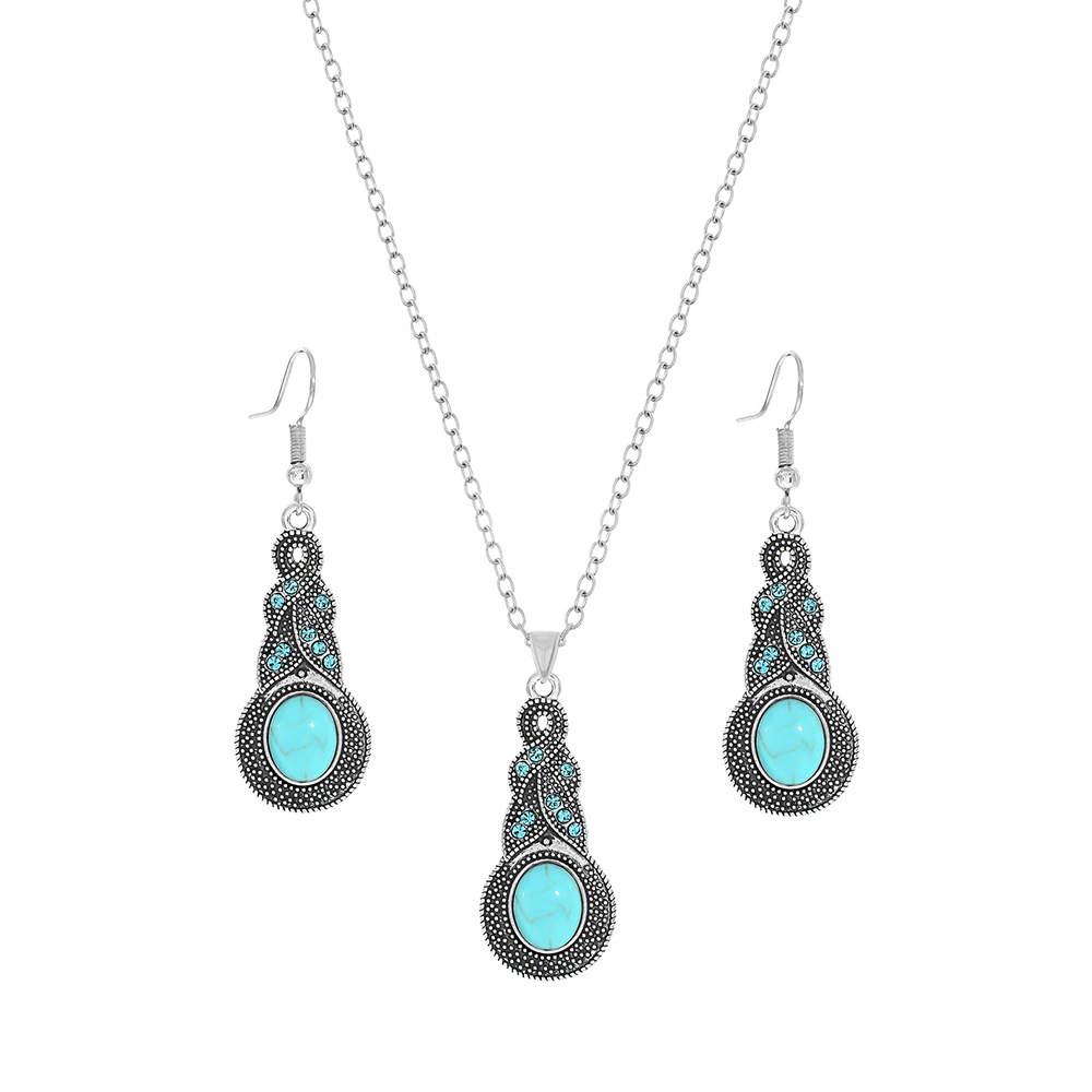 Cross-border Amazon popular estilo étnico pendientes europeos y americanos turquesa retro estilo nacional pendientes collar traje joyería