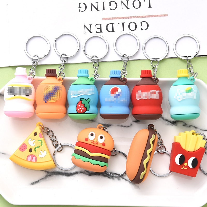Creative Stereo Soft Rubber Simulated Beverage Bottle Keychain Smiley Emoticon Burger Fries Pizza Pendant Small Gift