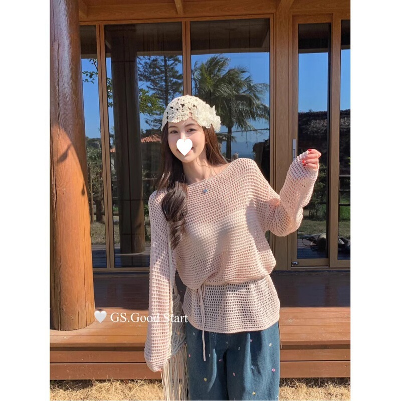 One-Shoulder Hollow-Out Vacation-Style Knit Top with Long Sleeves, Women's Loose-Fitting Sun-Protective Cover-Up Shirt One-Shoulder Hollow-Out Vacation-Style Knit Top with Long Sleeves, Women's Loose-Fitting Sun-Protective Cover-Up Shirt