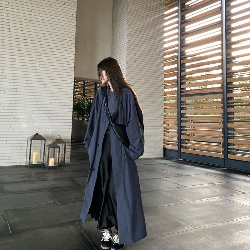 卡其色立领风衣外套女秋新款宽松长款过膝廓形大衣感时尚|undefined
