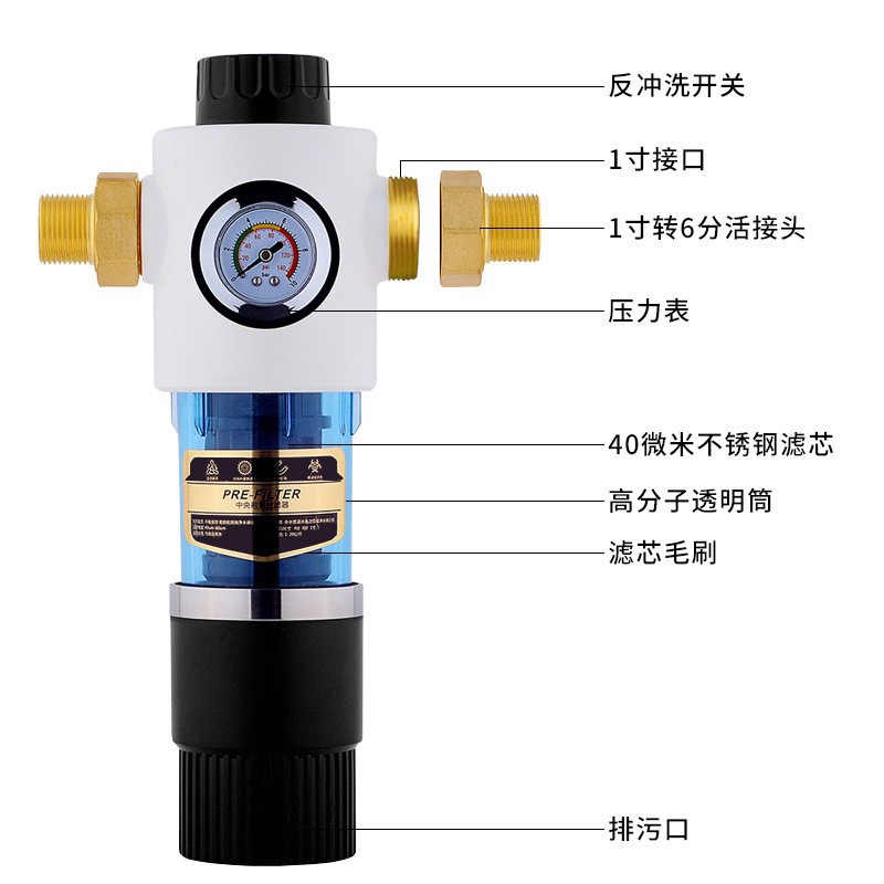 Filtro de toda la casa sin núcleo Lavar la cabeza de cobre purificador de agua del hogar Filtro frontal 6 puntos PPR Filtro de tubería