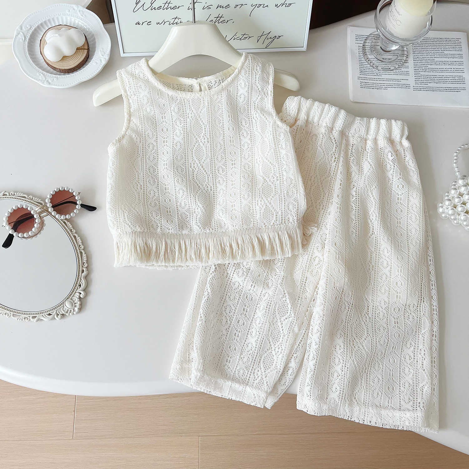 Mädchen Spitzen Mesh Weste Und Hose Set, Sommer Zweiteiler Süß_voghion.com