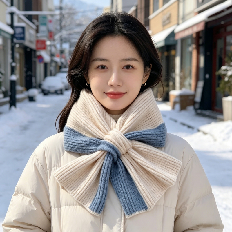新款围巾女秋冬款御寒保暖拼色针织交叉毛线百搭时尚可爱少女围脖