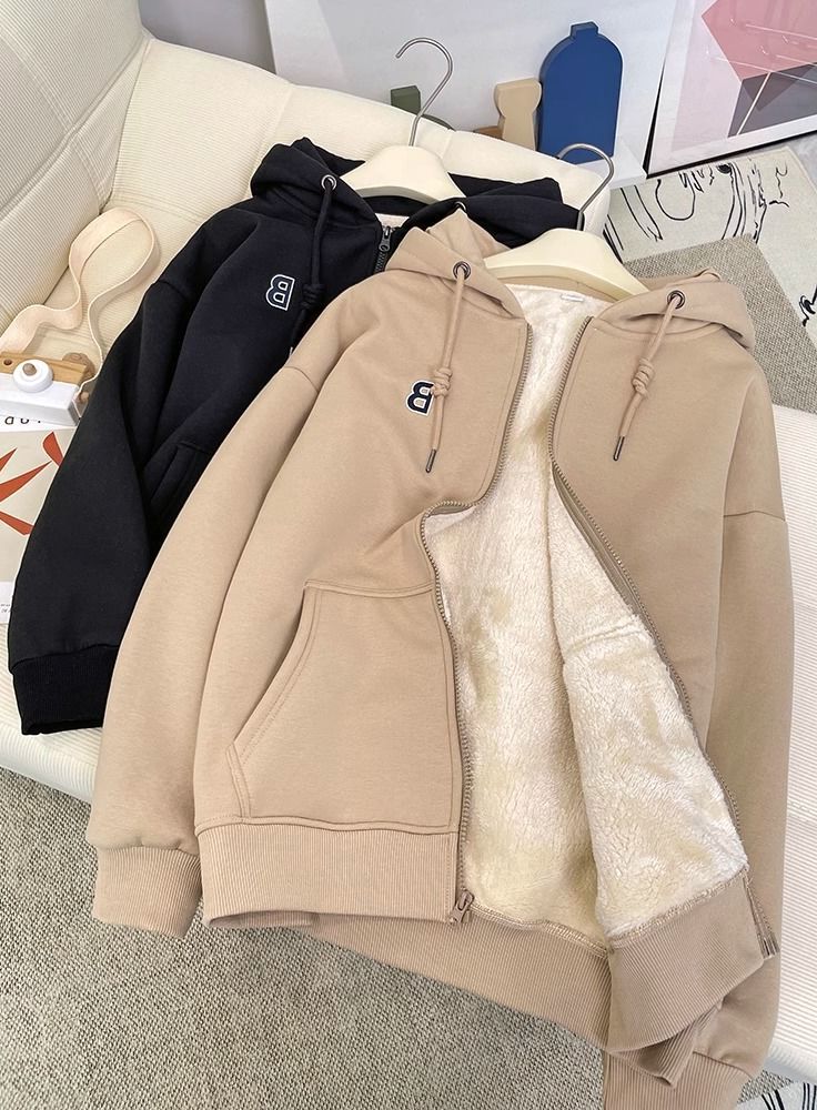 Sieviešu apģērbs Samta biezināts džemperis ar kapuci sievietēm rudens un ziemas jauns sieviešu brīvs silts jaciņš ar garām piedurknēm ar rāvējslēdzēju_voghion.com