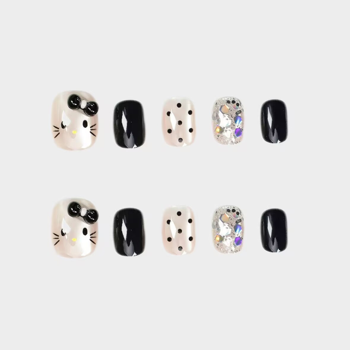 10 piezas de diseño de dibujos animados lindos para usar uñas blanqueadoras, arco de uñas dulces y frescas, uñas negras cortas, productos terminados