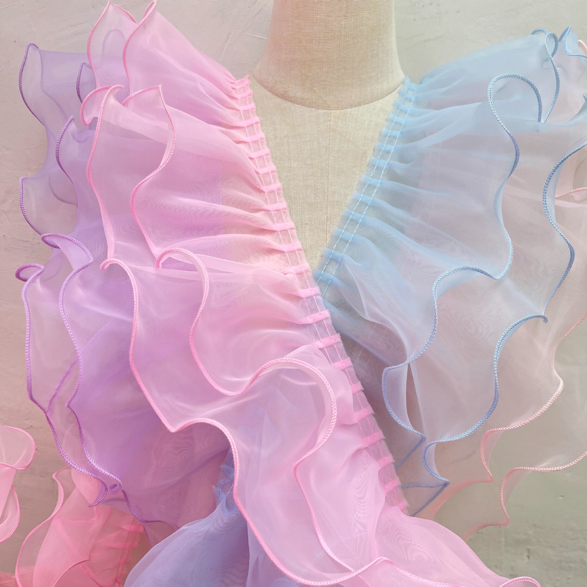 15厘米蕾丝婚纱娃娃双层欧根纱波浪拷边纱带宽边裙摆花边辅料