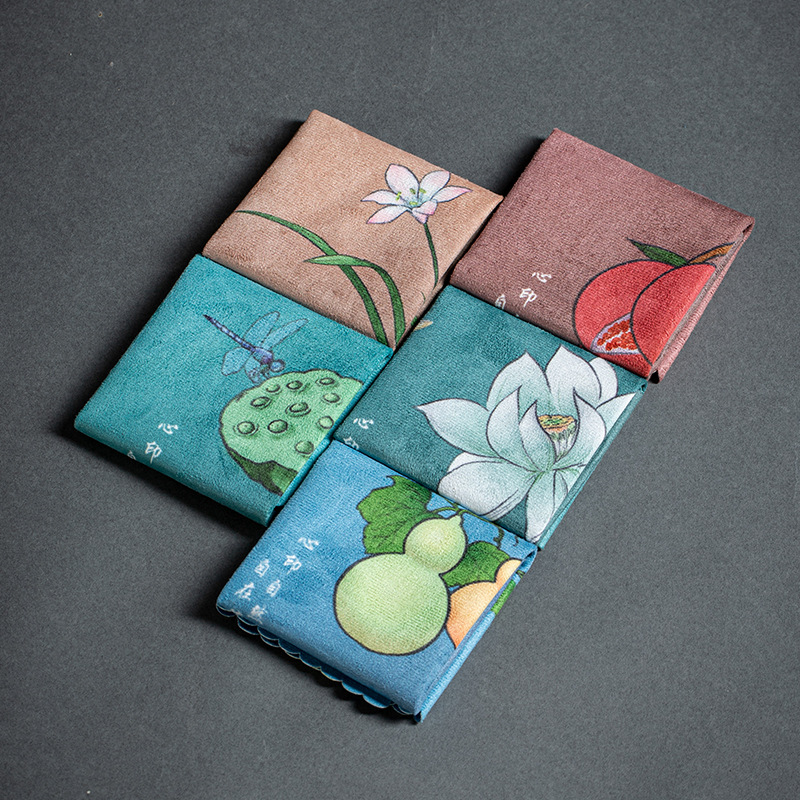 Chinese suede small tea towel, absorbent printed small square towel, Zen pot towel, simple tea table rag, tea ceremony accessories