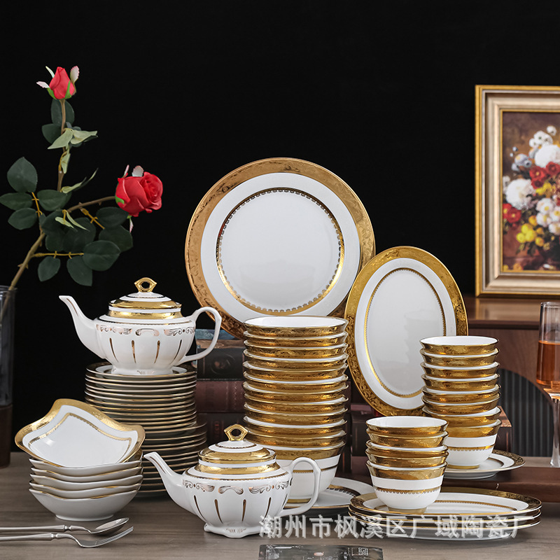 Modern Minimalist Embossed Gold 62-Piece Ceramic Dinnerware Set Restaurant Gold-Plated Edge Steak Plate European-Style Fruit Plate Dinner Plate