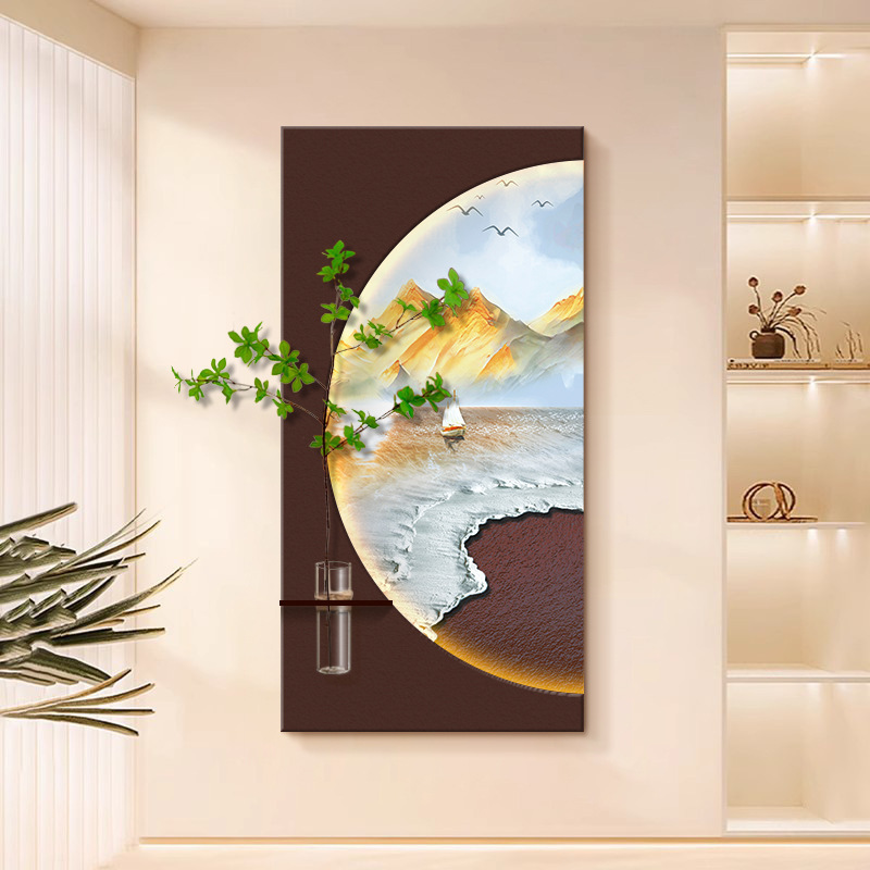 日照金山玄关装饰画水培绿植发光灯画竖版沙岩画高级感立体实物画|undefined
