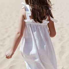 亞麻吊帶裙女童夏季蝴蝶結背帶連衣裙可愛沙灘小女孩棉麻公主裙子