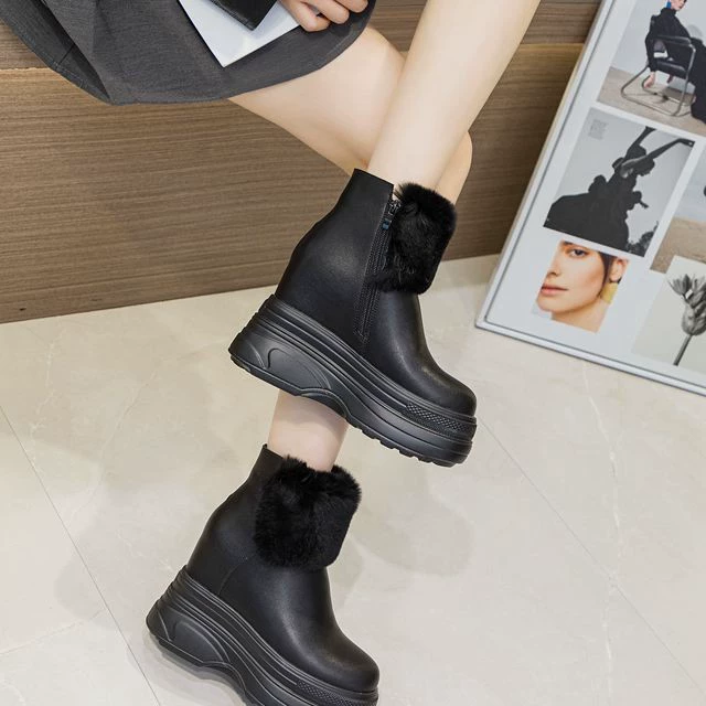 Толстый низ скрытой высоты 11 см зимние сапоги на молнии сбоку маленькая принцесса лакированная натуральная кожа натуральная шерсть хлопок низкие сапоги