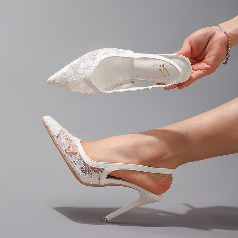 Fashion Lace Stitching High Heels Women's Summer Elegant Sexy Pointed Banquet Wedding Stiletto Sandals Cross-border Special