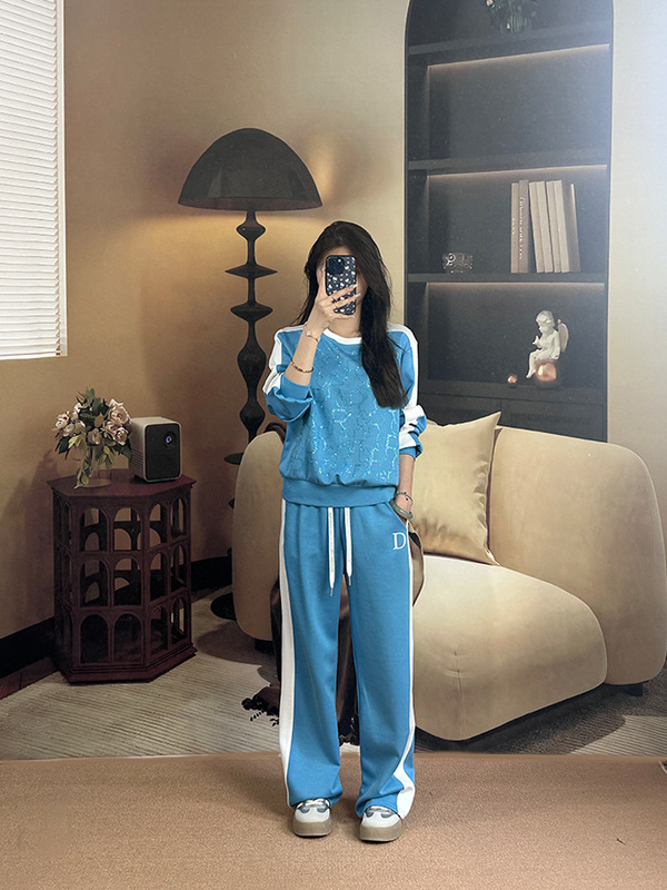 春夏系列洋气设计感时尚显瘦蓝色运动套装套头卫衣抽绳休闲阔腿裤|undefined