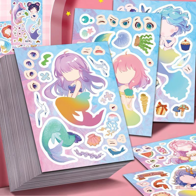 24 Mermaid Face-Changing Puzzle Stickers Ins Cartoon Cute Puzzle Stickers DIY Handbook Decoration Waterproof Stickers