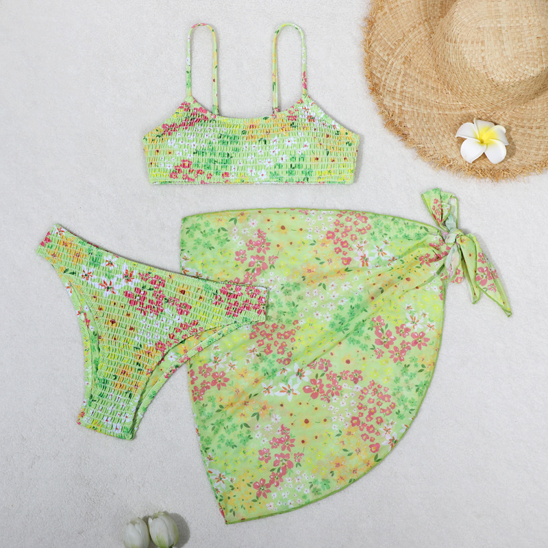 Women's Split Bikini Three-piece Swimsuit Floral Beach Wrap Set_voghion.com
