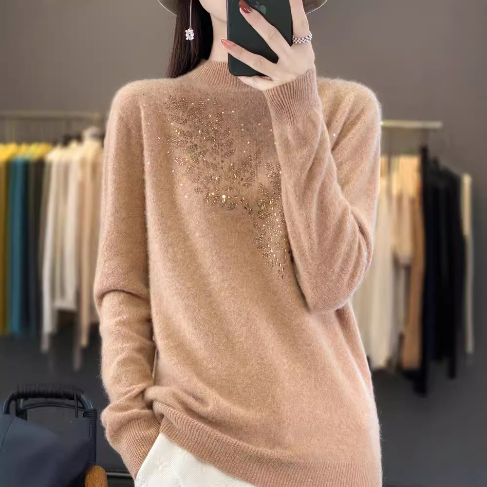 安迪绒烫钻半高领针织衫女秋冬款时尚百搭打底衫毛衣软糯套头毛衣