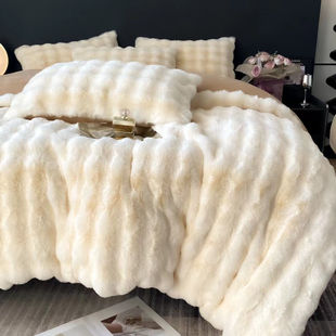 Class A Fur Velvet Rabbit Plush Bed Four-piece Milk Velvet Bed Sheet Hat Thickened Flange Coral Velvet Quilt Cover 4
