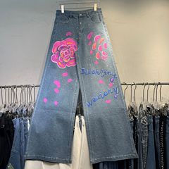 小众设计感手绘粉色花牛仔裤女重工烫钻时尚宽松直筒阔腿长裤