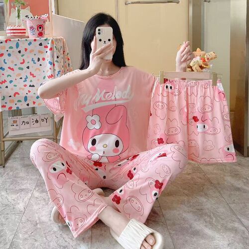 Factory imitated cotton summer short-sleeved pajama set cartoon pajamas for girls short-sleeved shorts three-piece set home clothes