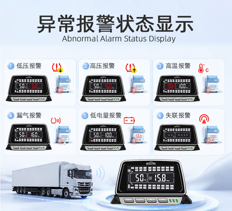 Multi-wheel heavy-duty truck tire pressure monitor with large high-definition display, compatible with various trucks, with universal internal and external sensors