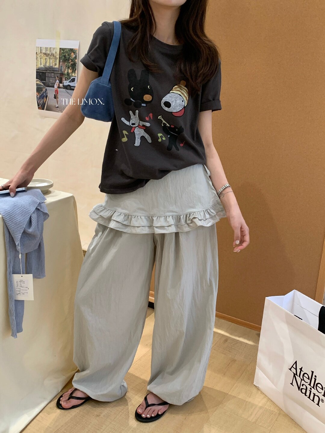 Quần culottes nữ ống rộng cạp cao, phối viền ren xếp tầng, dáng suông rộng, thanh lịch và thoải mái — màu đen, Xanh da trờicolor, màu trắng, Đá vôi chi tiết 41