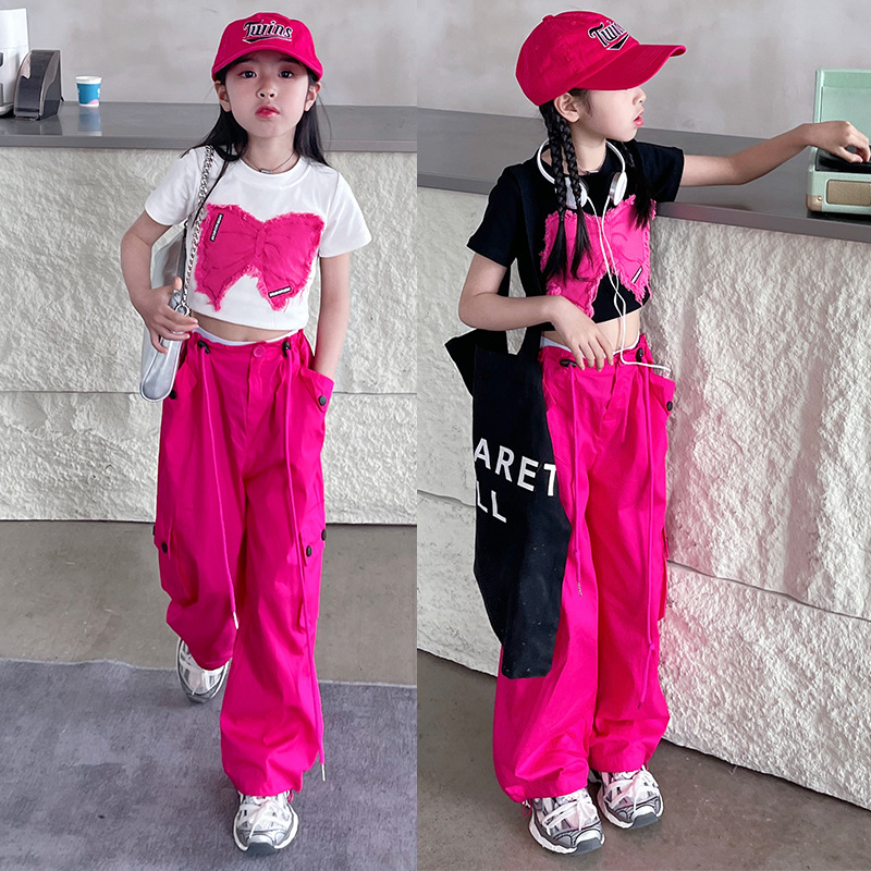 Girls' Bow Short-sleeved T-shirt Vest Summer and Autumn New Spice Girls Short Navel Top Girls' Fashion Wear Trendy T