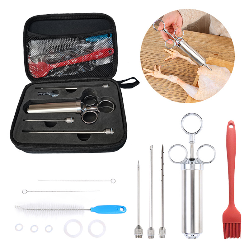 New product 304 stainless steel seasoning syringe turkey needle BBQ barbecue tool set bag packaging 450g