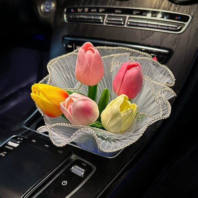 Car ornaments tulip bouquet ins style 2024 Internet famous new car center console interior decorations for girls (Car ornaments) - colorful-5-tulip-bouquet-wrapped