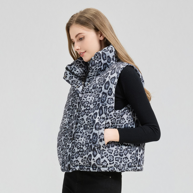 Algodón chaleco de mujer 2025 otoño y invierno estilo europeo y americano estampado leopardo grueso corto chaleco de algodón sin mangas chaqueta de hombro de algodón image 4