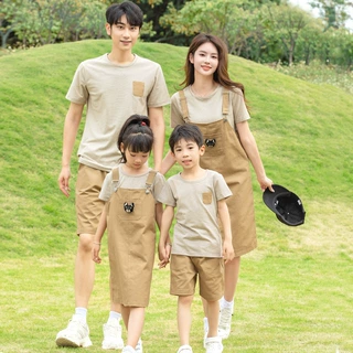 2026韩版亲子装条纹一家三口四口全家装夏高端母女家庭装背带裙潮