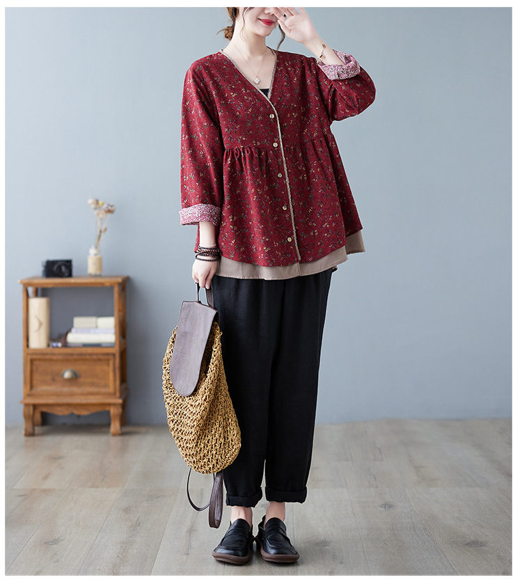 350g Weight Long Sleeve Sleeve Length Single Breasted Placket Type Regular Sleeve Sleeve Type Printing, Cotton and Linen, Hemp Fabric Type Ordinary Model (50cm <Length ≤ 65cm) Top Length Fake two-piece set, Shirt Tops Type V Neck Neckline Loose Fit Type Floral Pattern Temperament Commuter, Commute style Style Printing Craft Autumn 2025 Women's Floral V-neck Open Cardigan Fake Two-Piece Loose Cotton Linen Plus Size Shirt Elegant Commute Style 12