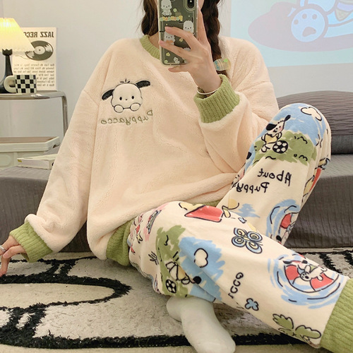 Cross-border Flannel Pajamas for Women - Autumn/Winter Round Neck Long Sleeve Cute Anime Style Student Warm Home Set