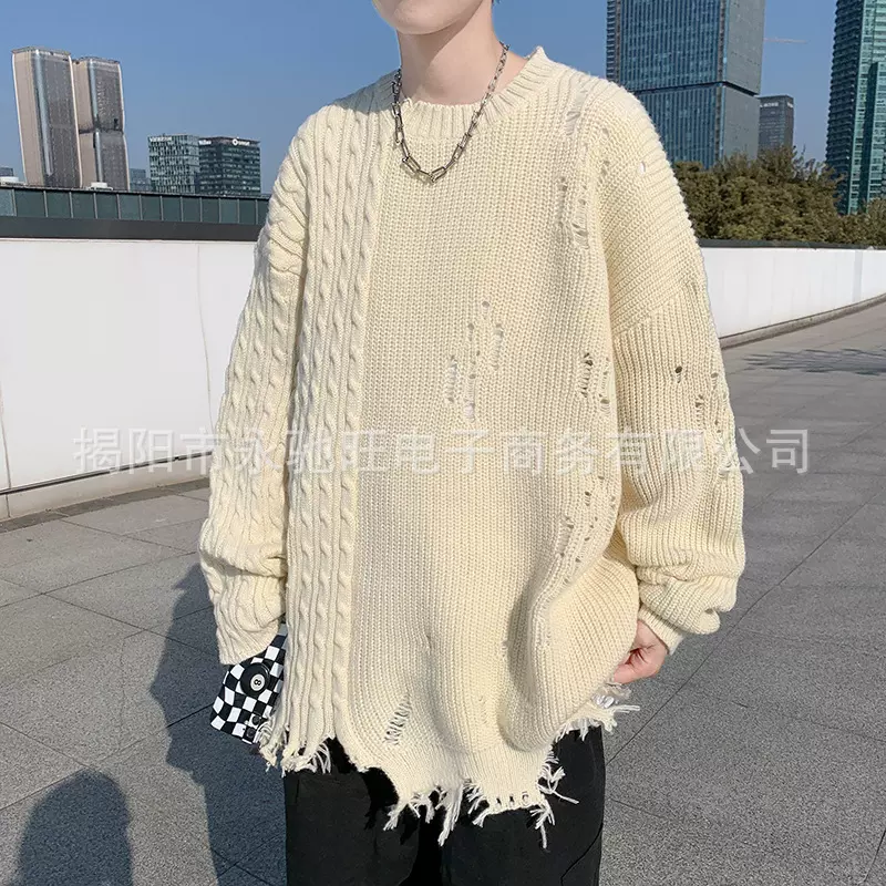 设计感宽松情侣针织衫美式街头嘻哈毛边破洞毛衣男秋冬潮牌毛线衣